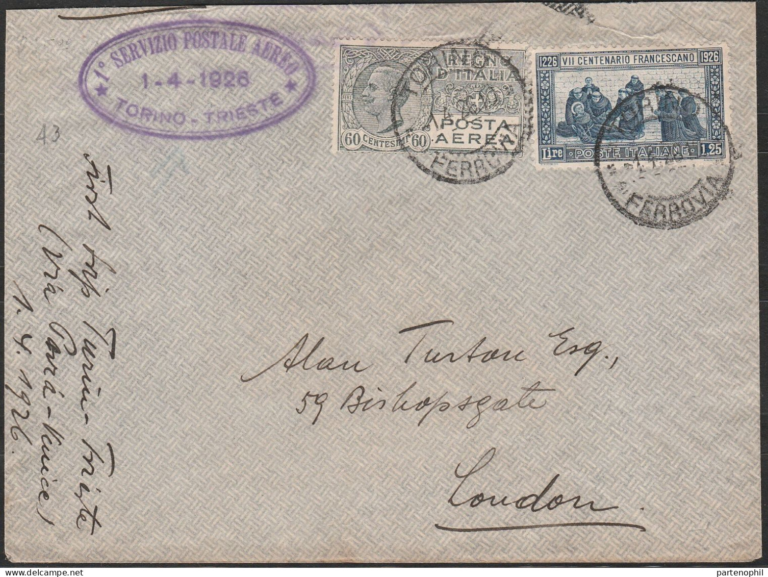 Lotto 87 Posta Aerea  4/26/1910 - Aerogramma Torino-Londra. SPL - Marcophilie (Avions)