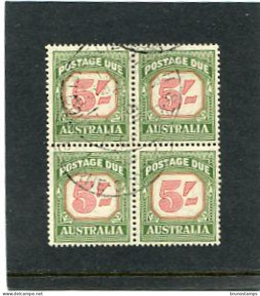 AUSTRALIA - 1959   POSTAGE DUES  5s  CARMINE & DEEP GREEN   NEW DESIGN   BLOCK OF 4 FINE  USED  SG  D 131a - Impuestos