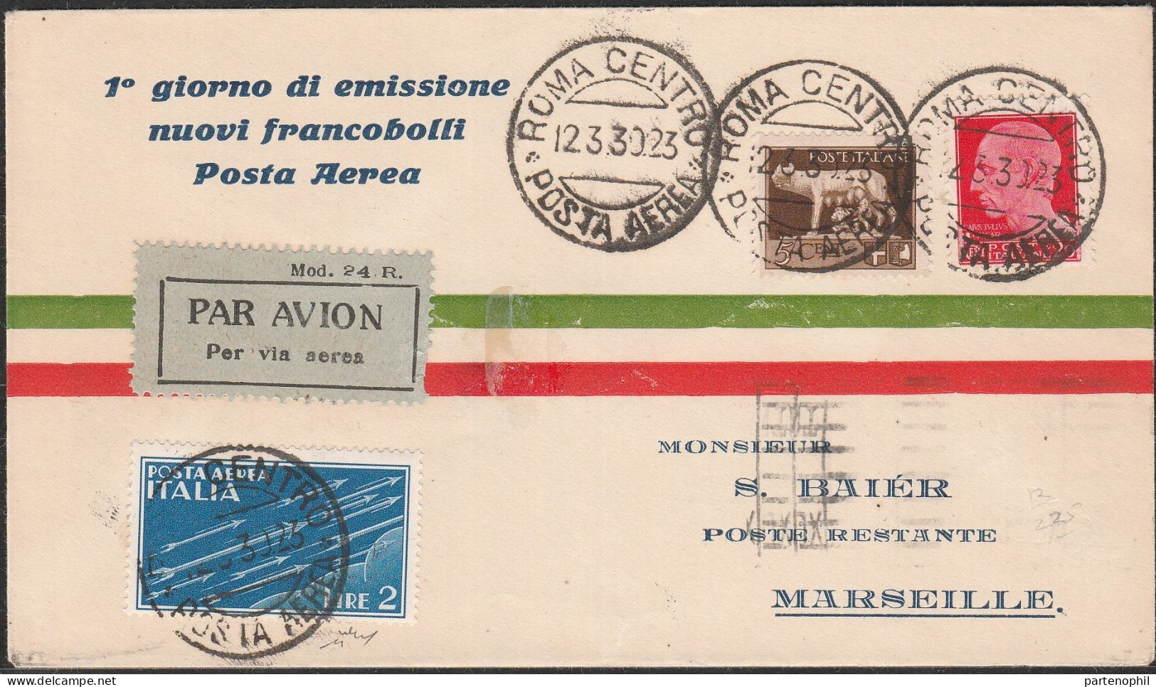 Lotto 90 - 12//3/1930 - Areogramma Roma-Marsiglia. SPL - Marcophilia (AirAirplanes)
