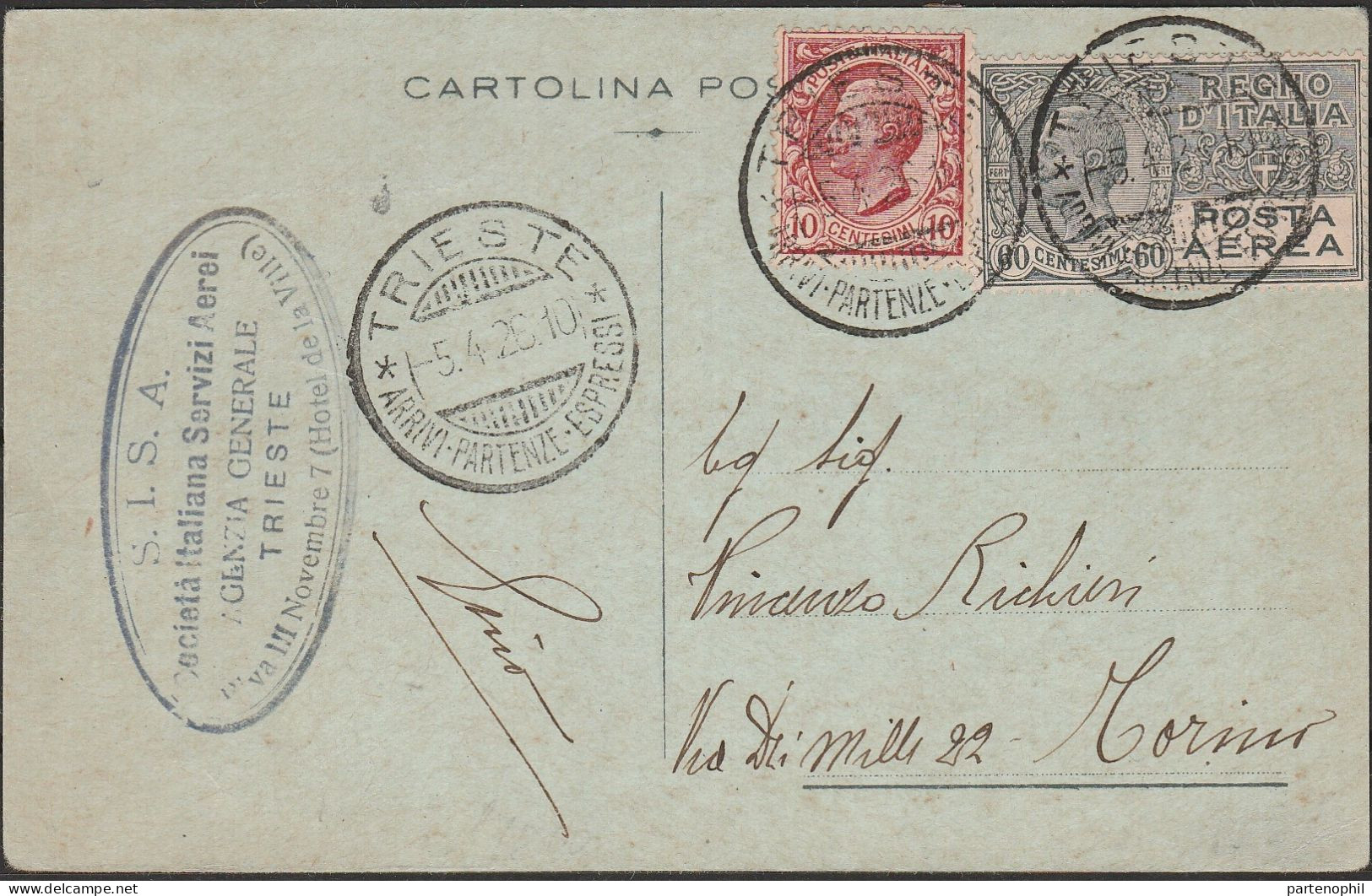 Lotto 94 - 5/4/1926 - Cartolina Commemorativa Della S.I.S.A “Società Italiana Servizi Aerei” SPL - Marcofilía (Aviones)