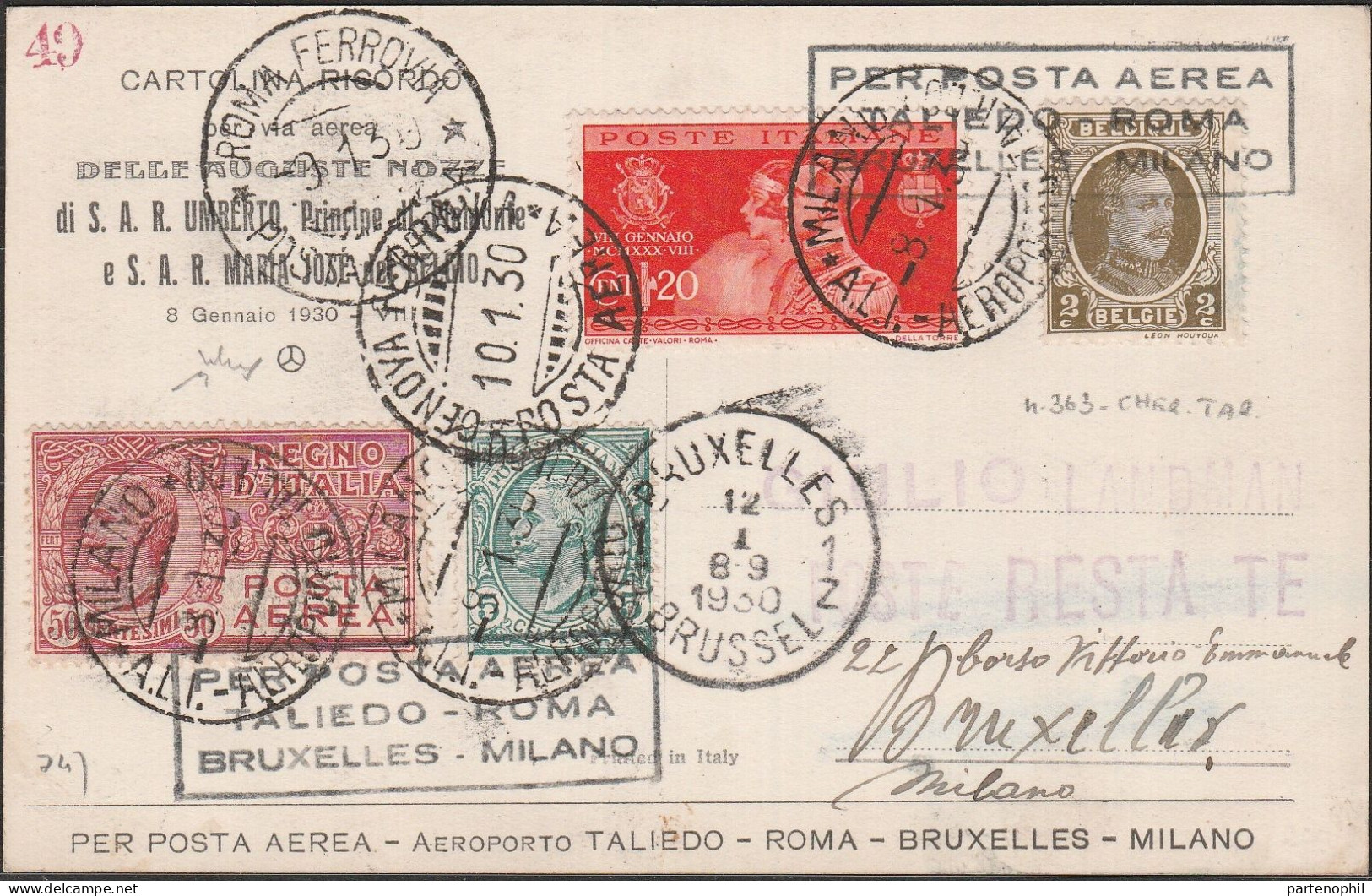 Lotto 97 - 8/1/1930 - Cartolina Speciale Commemorativa Delle Nozze Di Umberto Di Savoia Con Maria Josè Del Belgio Con Af - Storia Postale (Posta Aerea)