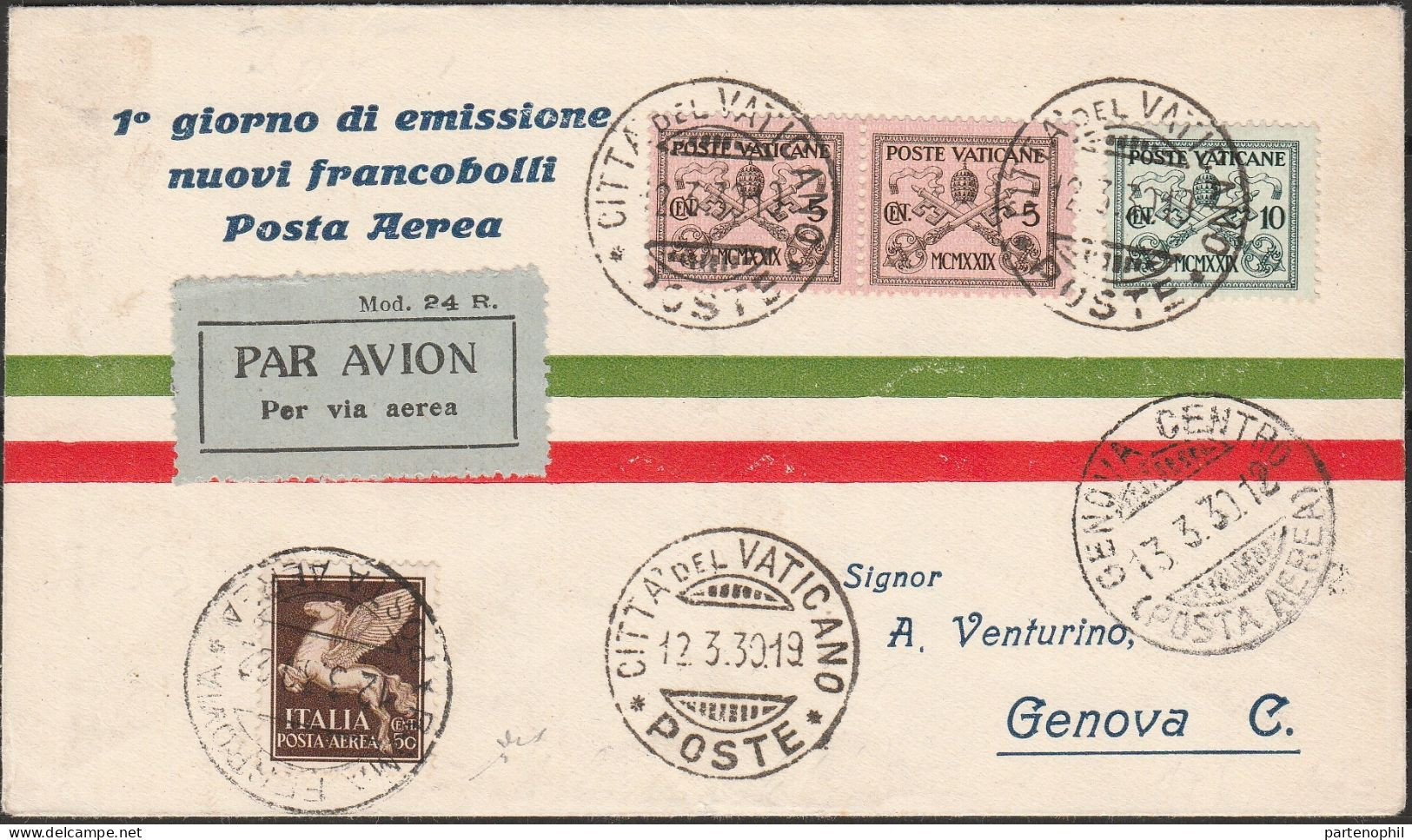 Lotto 98 12//3/1930 - Areogramma Roma-Vaticano-Genova. SPL - Marcophilie (Avions)