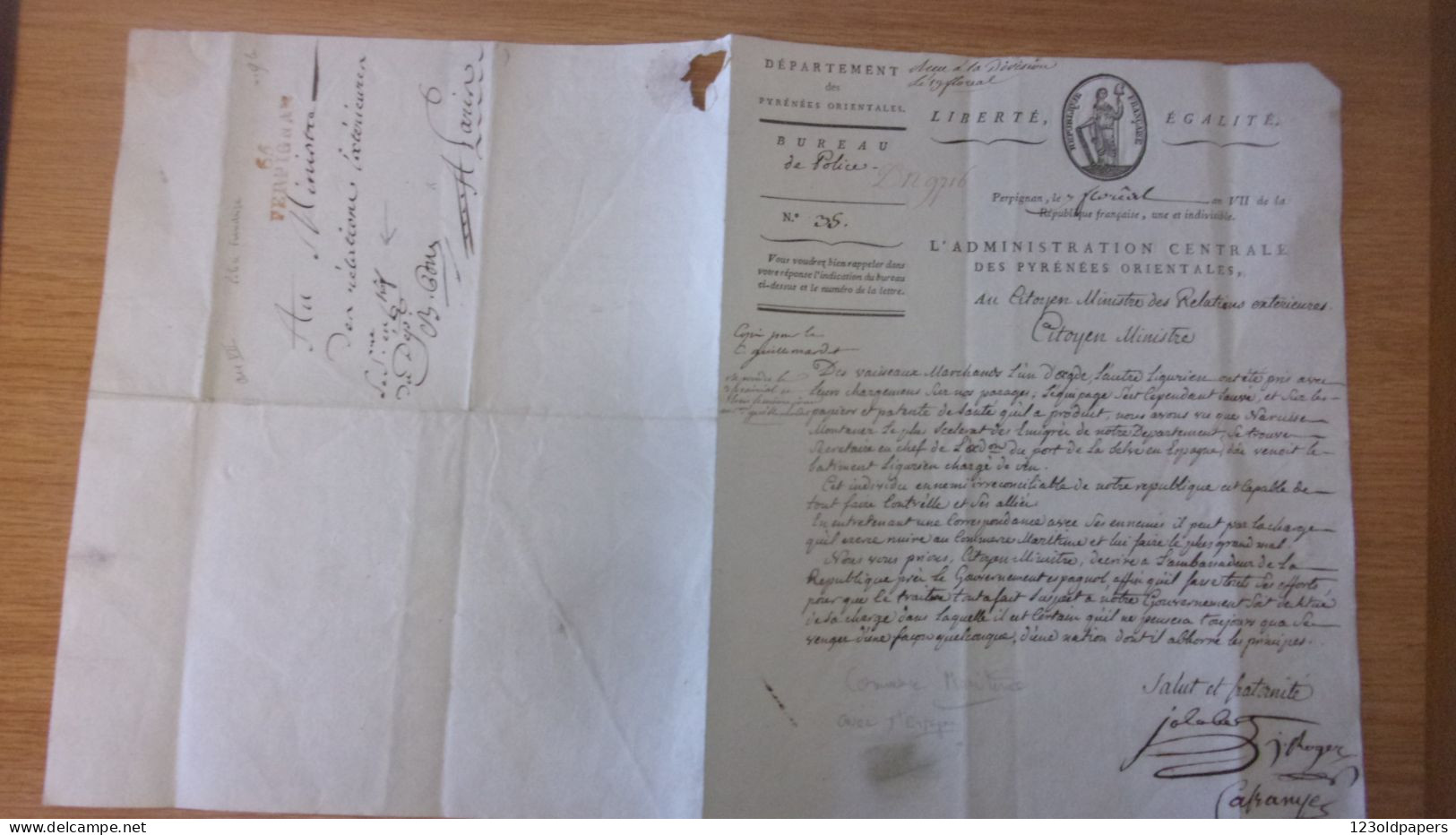 1798/99 AN VII PERPIGNAN MINISTRE RELATIONS EXT COMMERCE AVEC ESPAGNE NARCIS MONTANER TRAITRE FRANCHISE POLICE - Documents Historiques