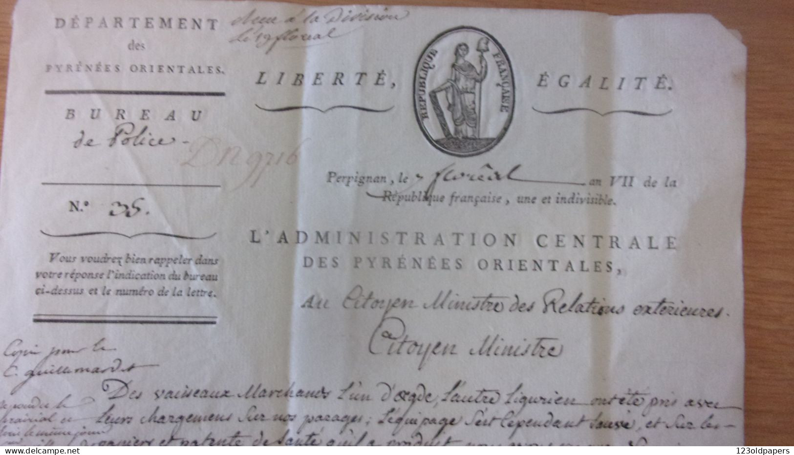 1798/99 AN VII PERPIGNAN MINISTRE RELATIONS EXT COMMERCE AVEC ESPAGNE NARCIS MONTANER TRAITRE FRANCHISE POLICE - Historical Documents