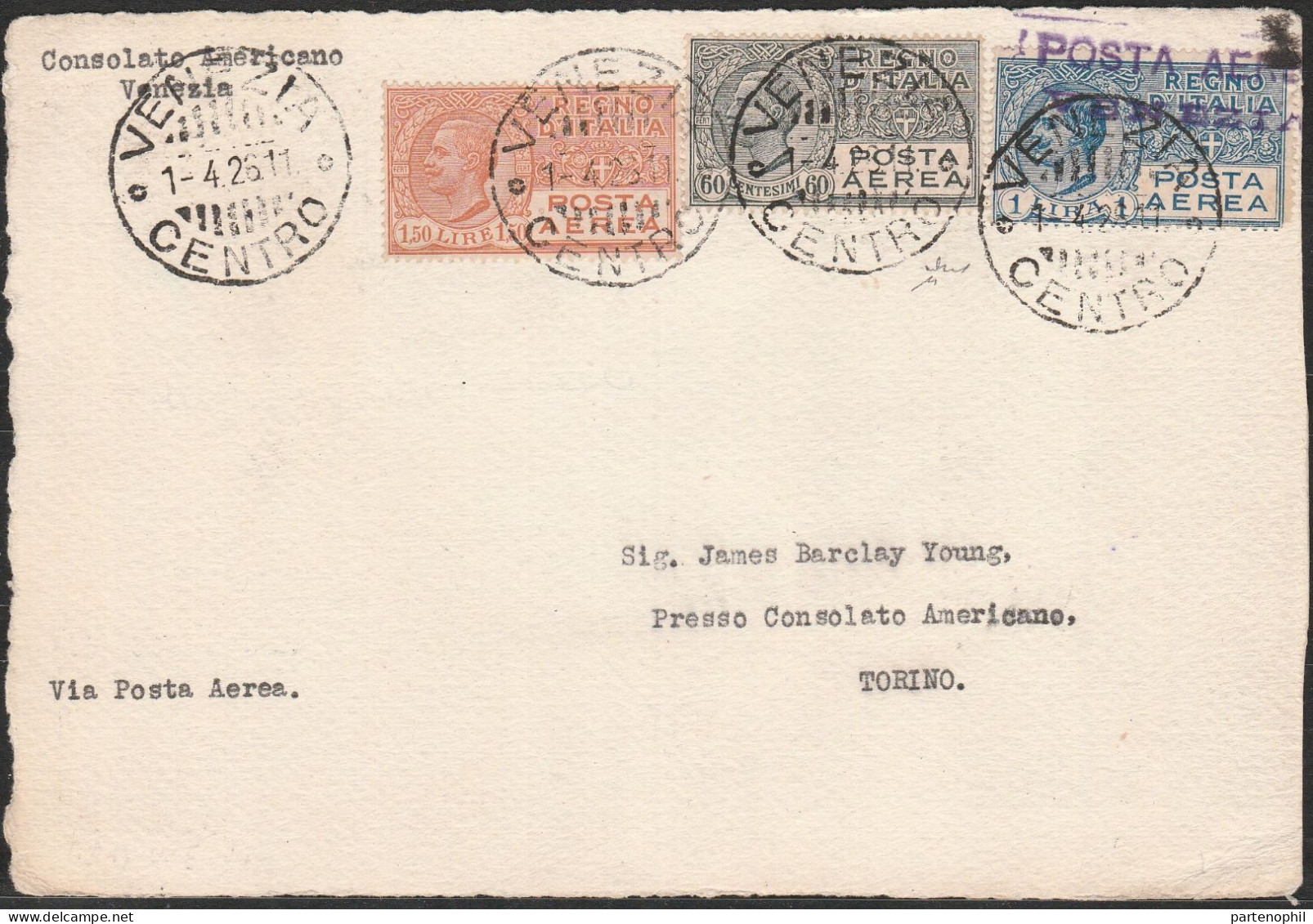 Lotto 100 4/26/1911 - Cartoncino Con Tre Valori Della Serie Di Posta Aerea Con Al Verso La Veduta Di Venezia. SPL - Marcophilie (Avions)