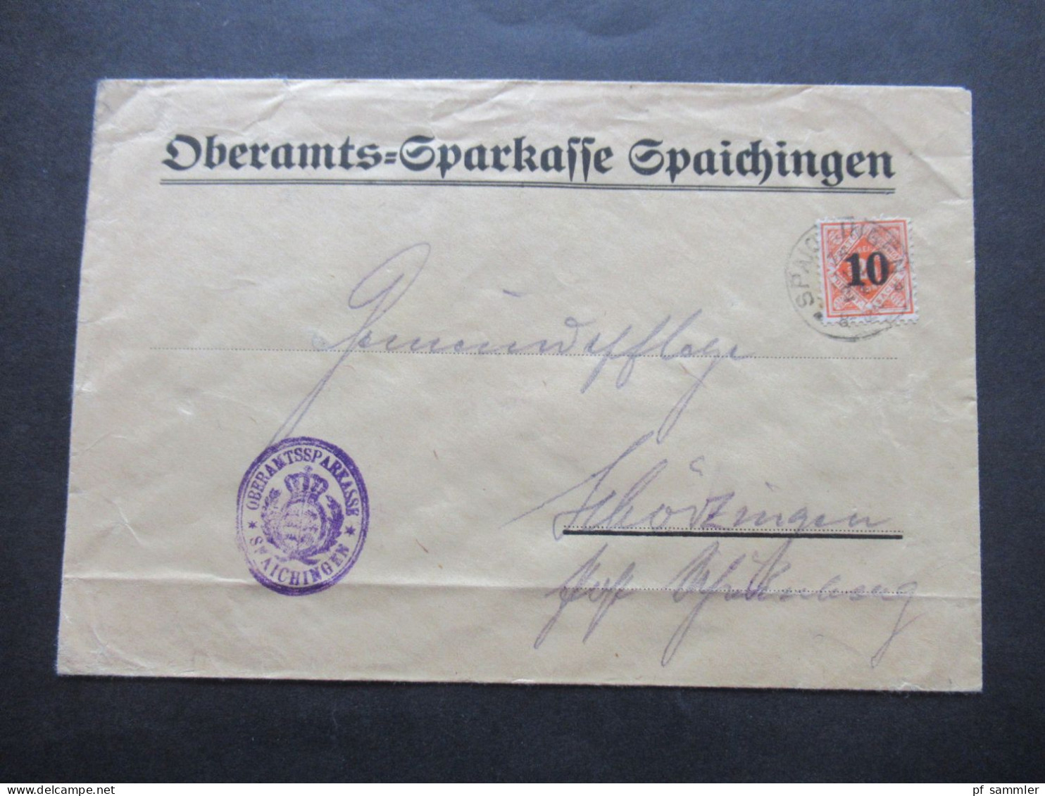 AD Württemberg Dienstmarken 1923 Nr.186 EF Umschlag Und Stempel Oberamts Sparkasse Spaichingen - Cartas & Documentos