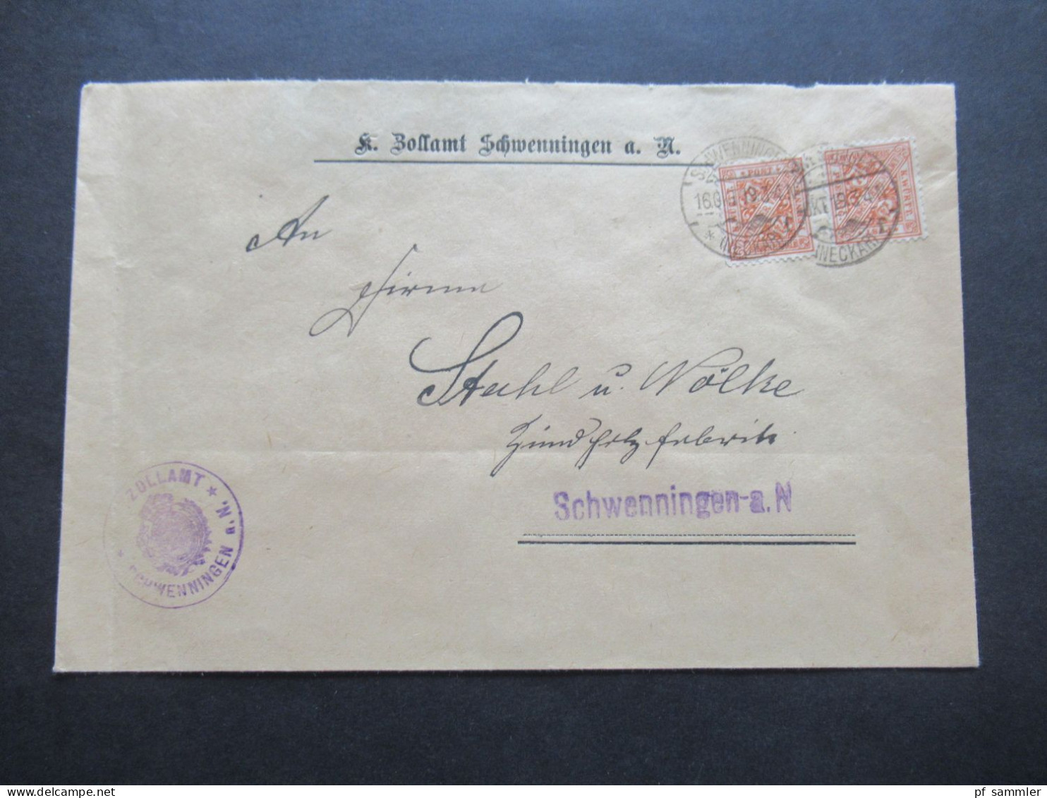 AD Württemberg Dienstmarken 1919 Nr.120 (2) MeF Dienststempel Zollamt Schwenningen Als Ortsbrief - Storia Postale