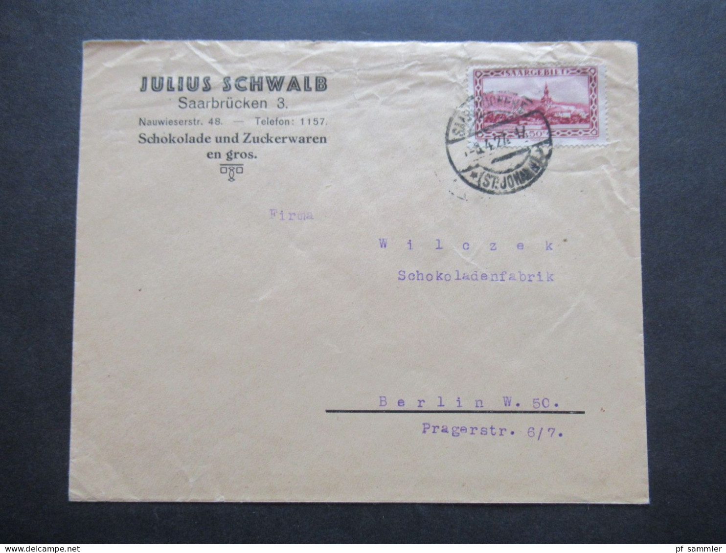 Saargebiet 1927 Firmenumschlag Julius Schwalb Saarbrücken Schokolade Und Zuckerwaren En Gros. - Storia Postale