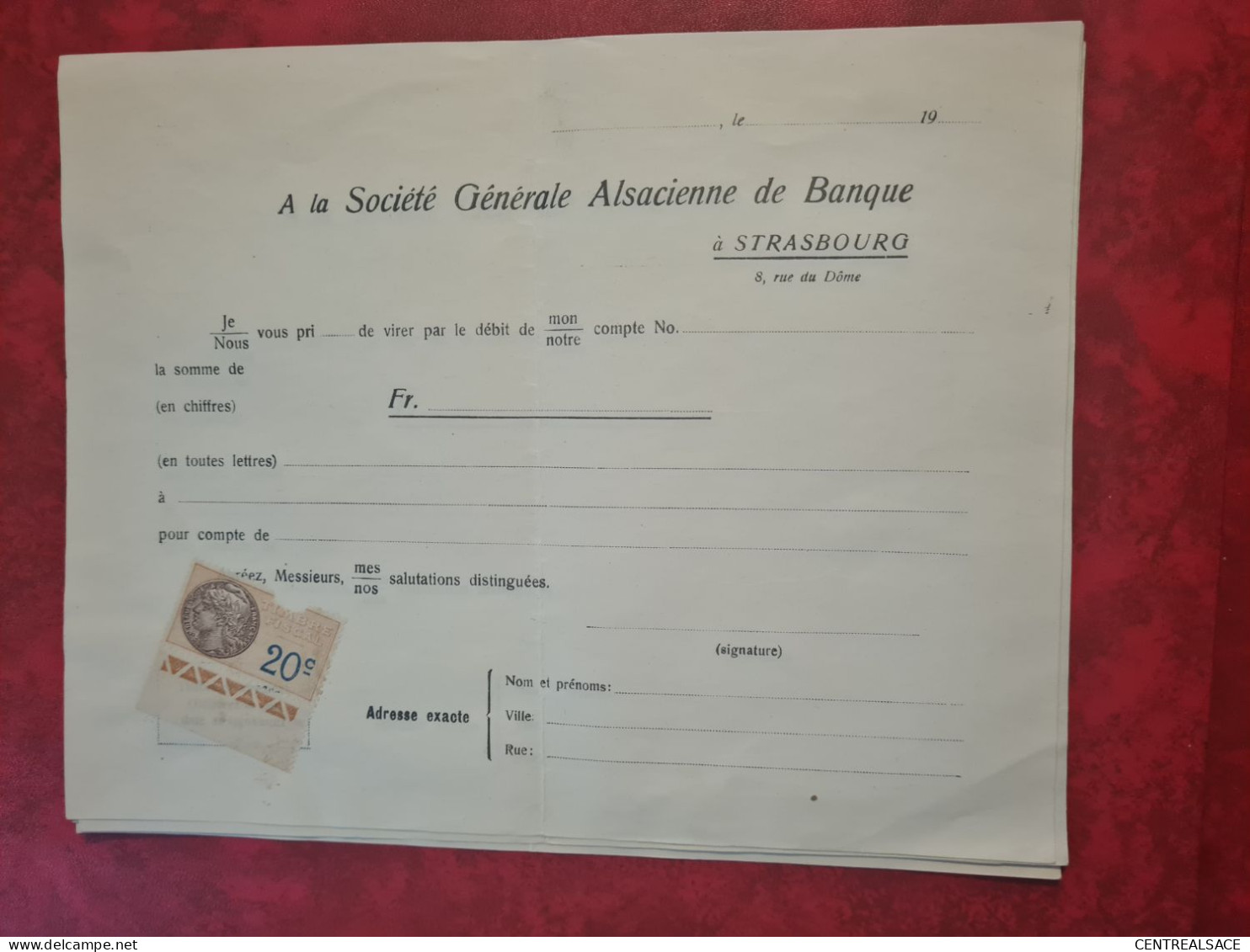 TIMBRE FISCAL 20 C  SUR BORDEREAU SOCIETE ALSACIENNE DE BANQUE STRASBOURG SOGENAL LOT DE 4 - Revenue Stamps