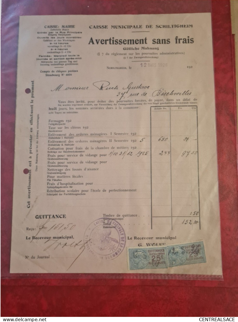 TIMBRE QUITTANCES 25 C CAISSE MUNICIPALE SCHILTIGHEIM 1926 - Steuermarken