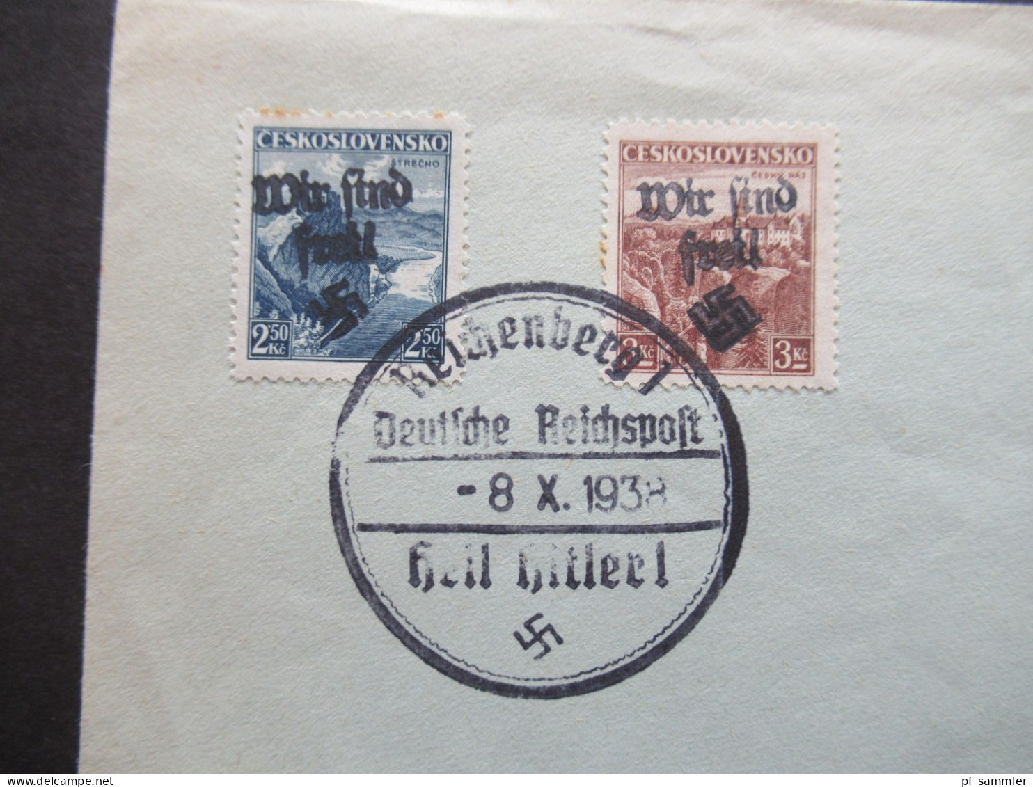 1938 Böhmen Und Mähren / Lokalausgabe Mährisch Ostrau Mi.Nr.14 Und 15 "Wir Sind Frei" Stempel Reichenberg 1 Heil Hitler - Lettres & Documents