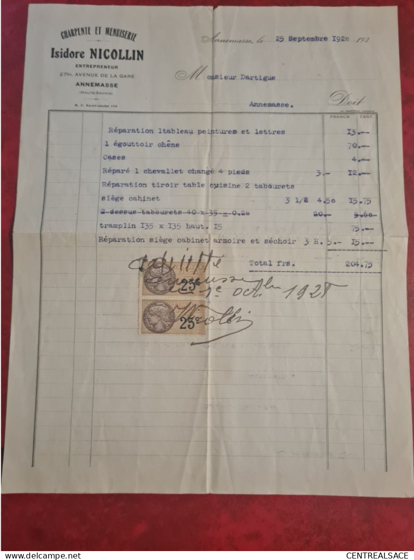 TIMBRE FISCAL 25 C  CHARPENTE ET MENUISERIE ISIDORE NICOLLI? ANNEMASSE 1928 - Fiscaux