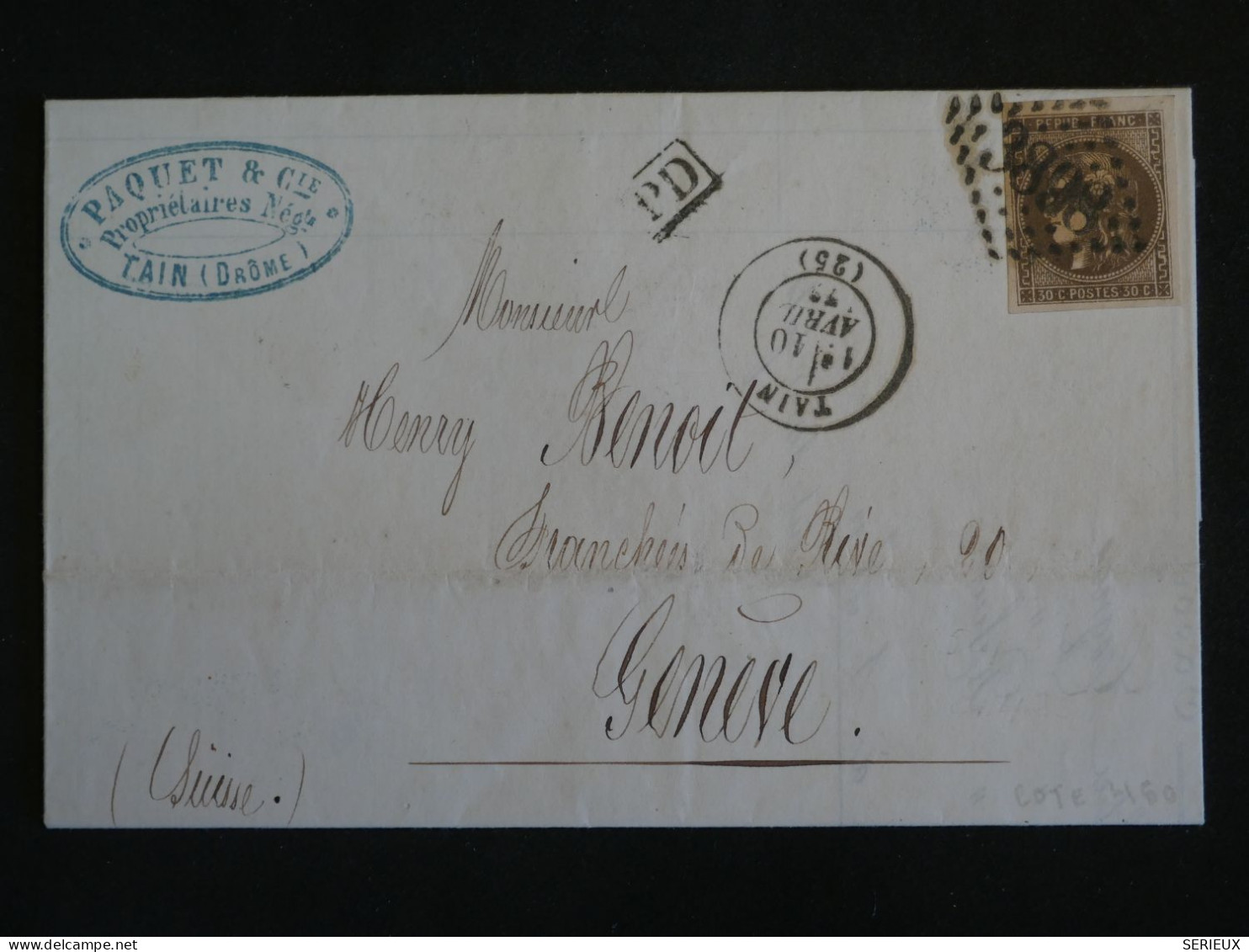 DC10 FRANCE   BELLE LETTRE  RARE   1873  PETIT BUREAU TAIN A GENEVE SUISSE +EMISSION DE BORDEAUX N°47  +++ - 1870 Uitgave Van Bordeaux