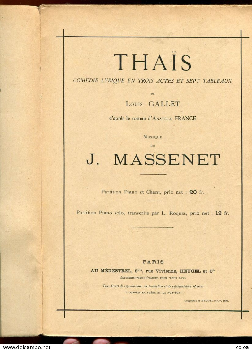 Partition Jules MASSENET Thaïs, Heugel, 1894 - Opern