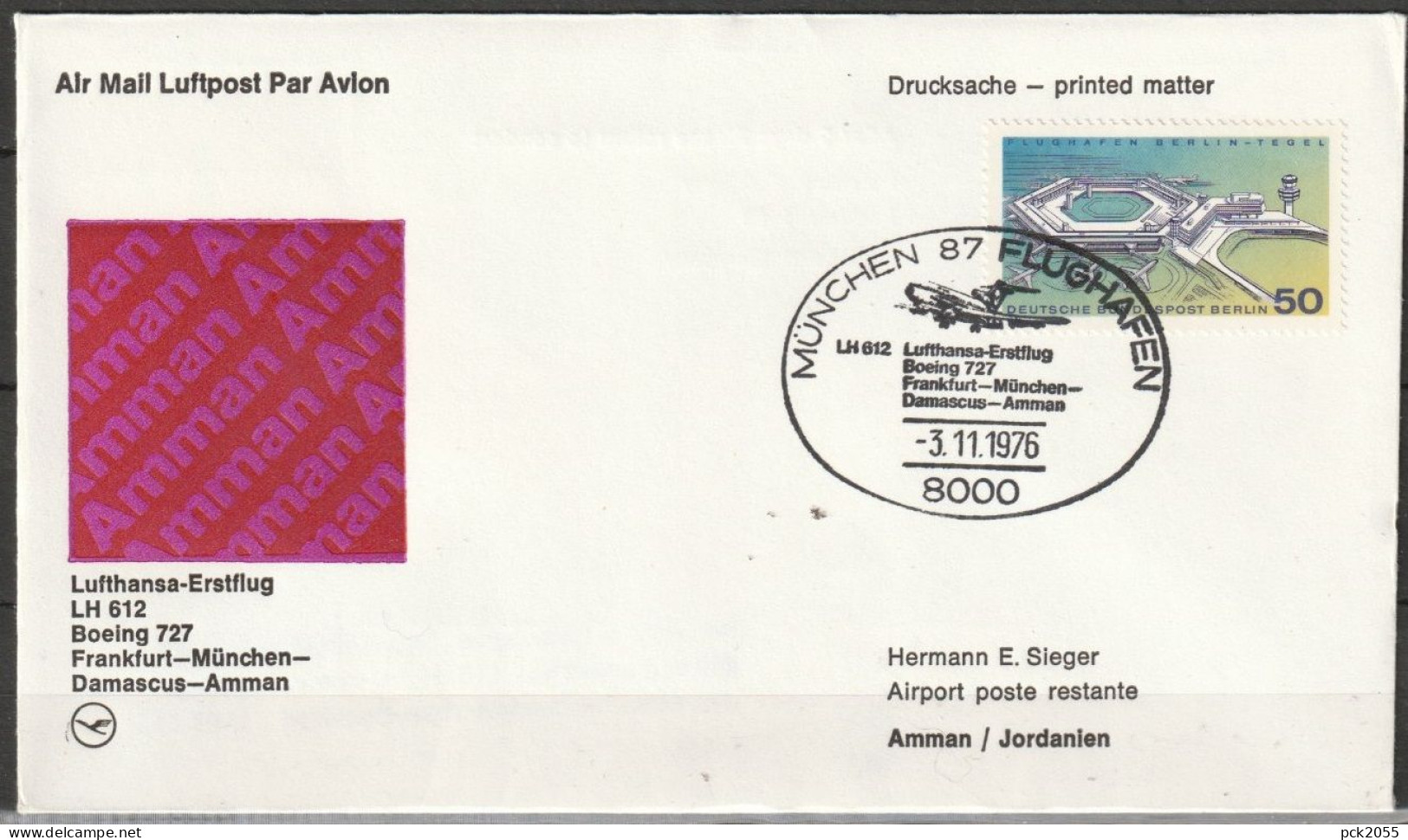 Flugpost/ Erstflug 1976 LH612 Mit Boeing 727 München - Amman 3.11.1976 Ankunftstempel 4.11.76 ( FP 205 ) - First Flight Covers