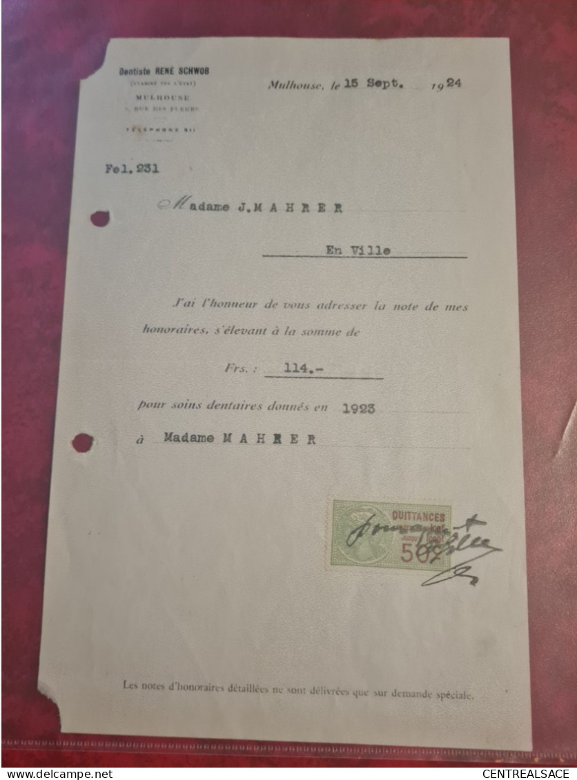 TIMBRE QUITTANCES MULHOUSE 1924 DENTISTE RENE SCHWOB  50 C HONORAIRES - Fiscaux