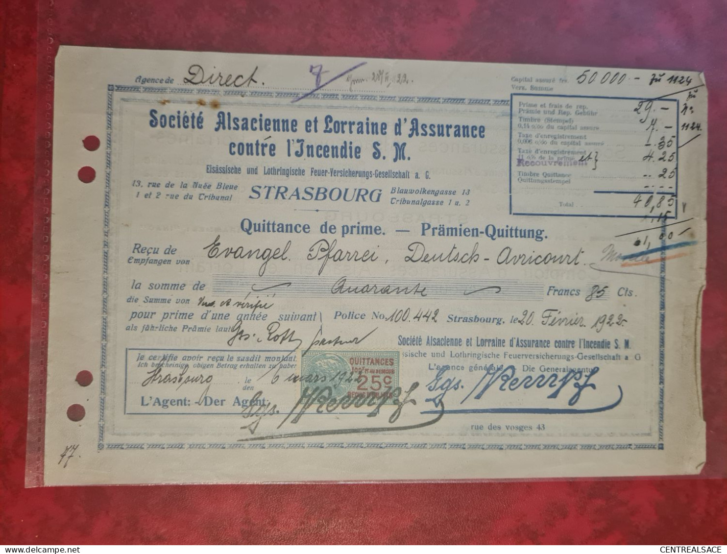 TIMBRE QUITTANCES 25c SOCIETE ALSACIENNE ET LORRAINE ASSURANCE 1922 EVANGELICH PFARREI DEUTSCH AVRICOURT PRIME - Fiscaux