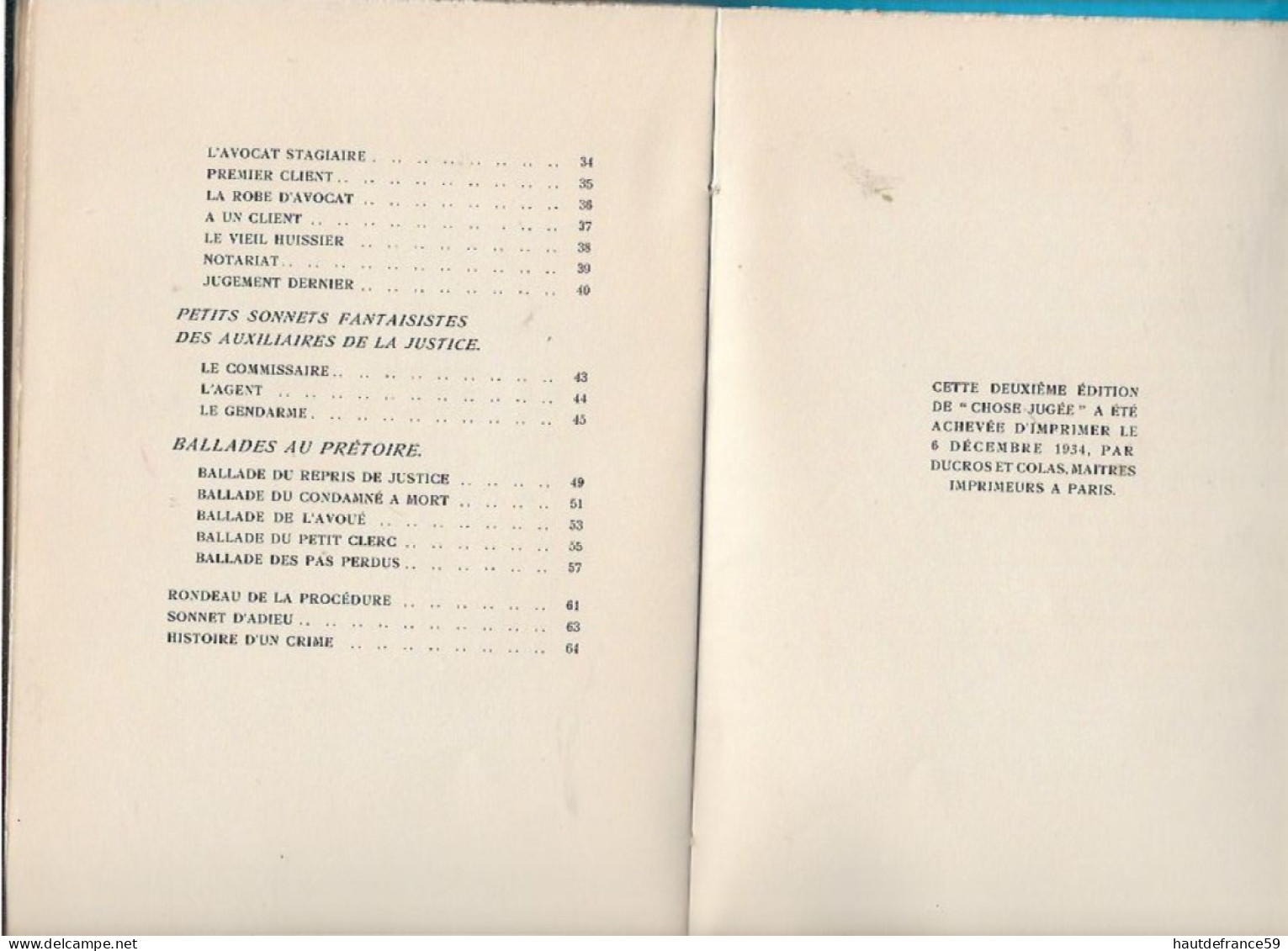 édit Emile RAOUST Lille 1934 - CHOSE JUGEE Sonnets Et Ballades Du Palais, Par Fernand Paul LECLERCQ Thème Justice - Autores Franceses