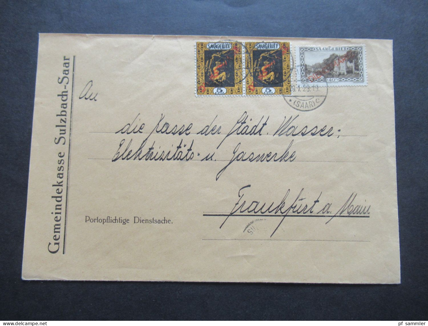 Saargebiet 1929 Dienstmarken Mi.Nr.2 (2) Und Nr.8 MiF Umschlag Gemeindekasse Sulzbach Saar Nach FFm - Brieven En Documenten