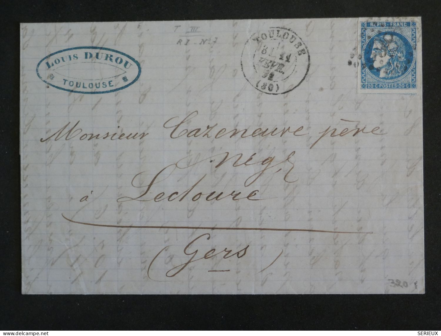 DC10 FRANCE BELLE LETTRE RARE 1872  TOULOUSE A LECTOURE  +EMISSION DE BORDEAUX +VOISIN +AFF. PLAISANT+++++ - 1870 Uitgave Van Bordeaux