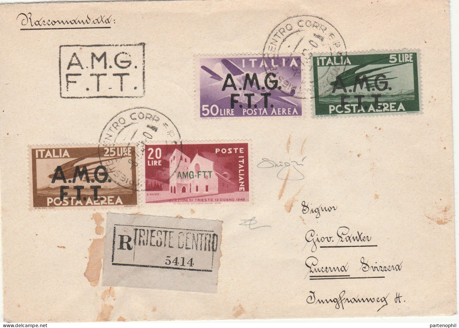 Lotto 244 Venezia Giulia  8/7/1949 - Raccomandata Da Trieste Per Lucerna ( Svizzera ), Affrancata Con 3 Francobolli Di P - Poststempel