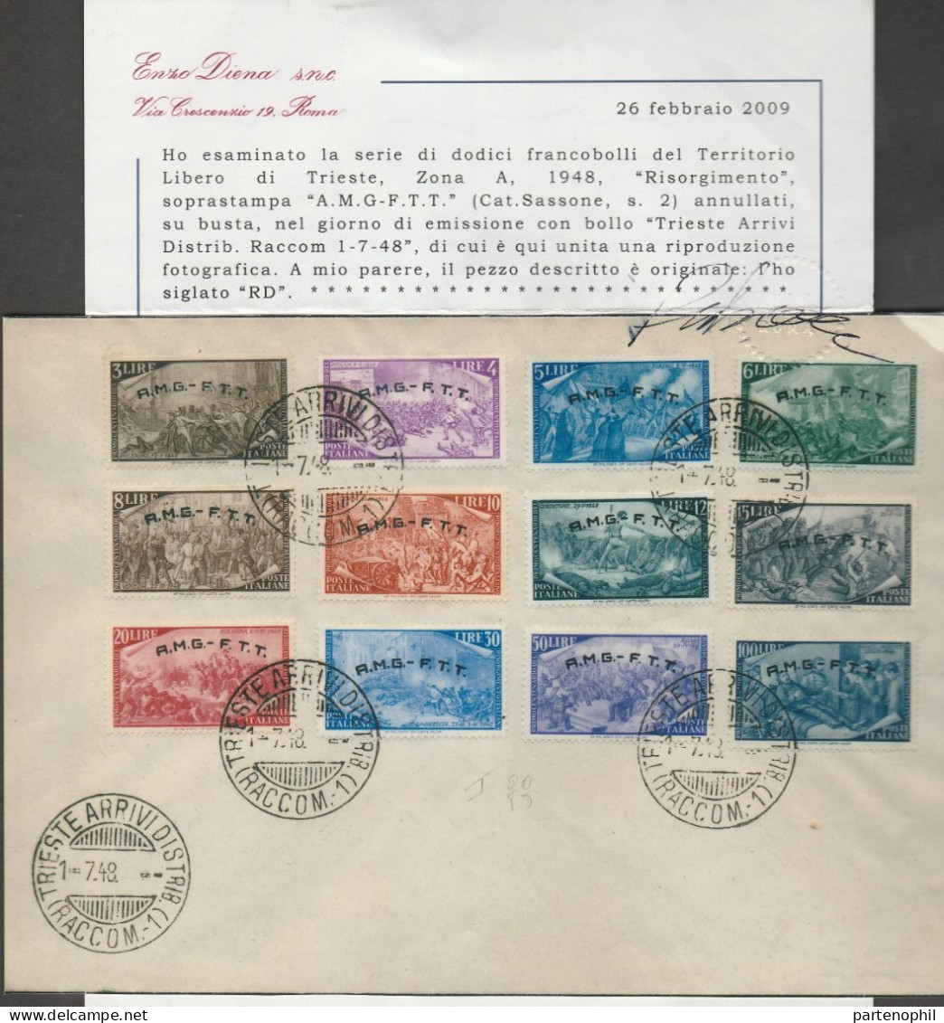 Lotto 256 Trieste A  Offri Ora! 1/07/1948 - Risorgimento Annullati Su Busta Il I Giorno Di Emissione. Cert. E. Diena. SP - Poststempel