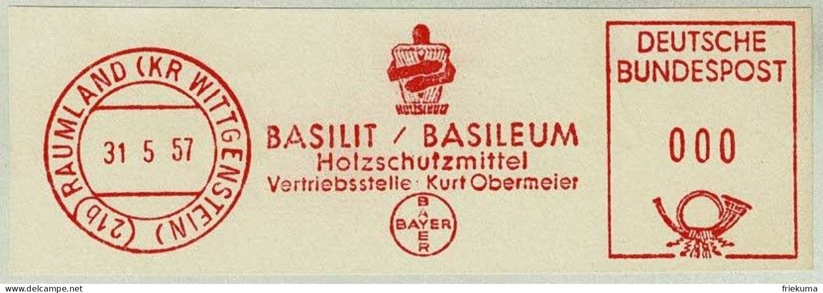 Deutsche Bundespost 1957, Freistempel / EMA / Meterstamp Basilit / Basileum Raumland, Holzschutzmittel, Bois / Wood - Chimie