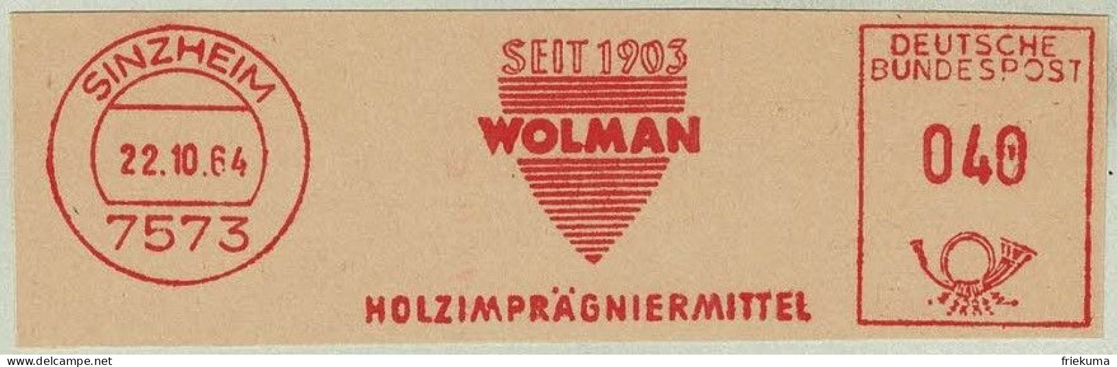 Deutsche Bundespost 1964, Freistempel / EMA / Meterstamp Wolman Holzimprägniermittel Sinzheim, Bois / Wood - Chimie