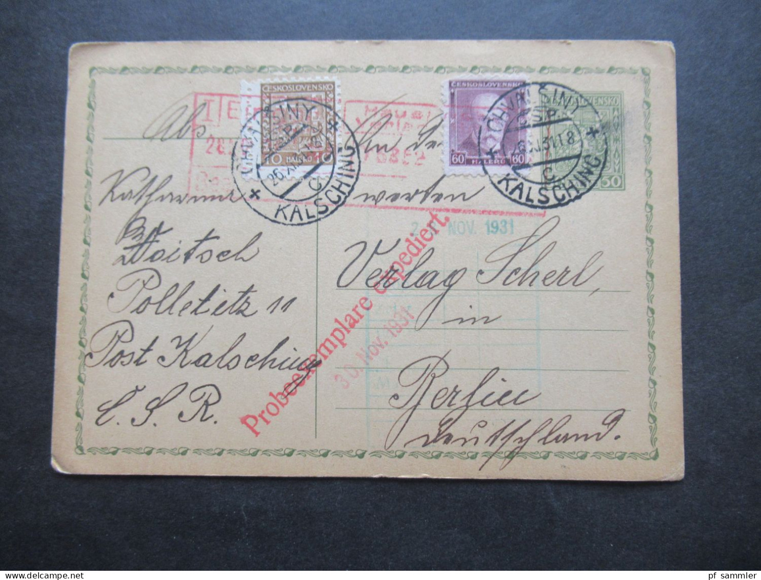 CSSR 1931 Ganzsache Mit Zusatzfrankaturen Stempel Kalsching Nach Berlin / Eingangsstempel Verlag Scherl - Lettres & Documents