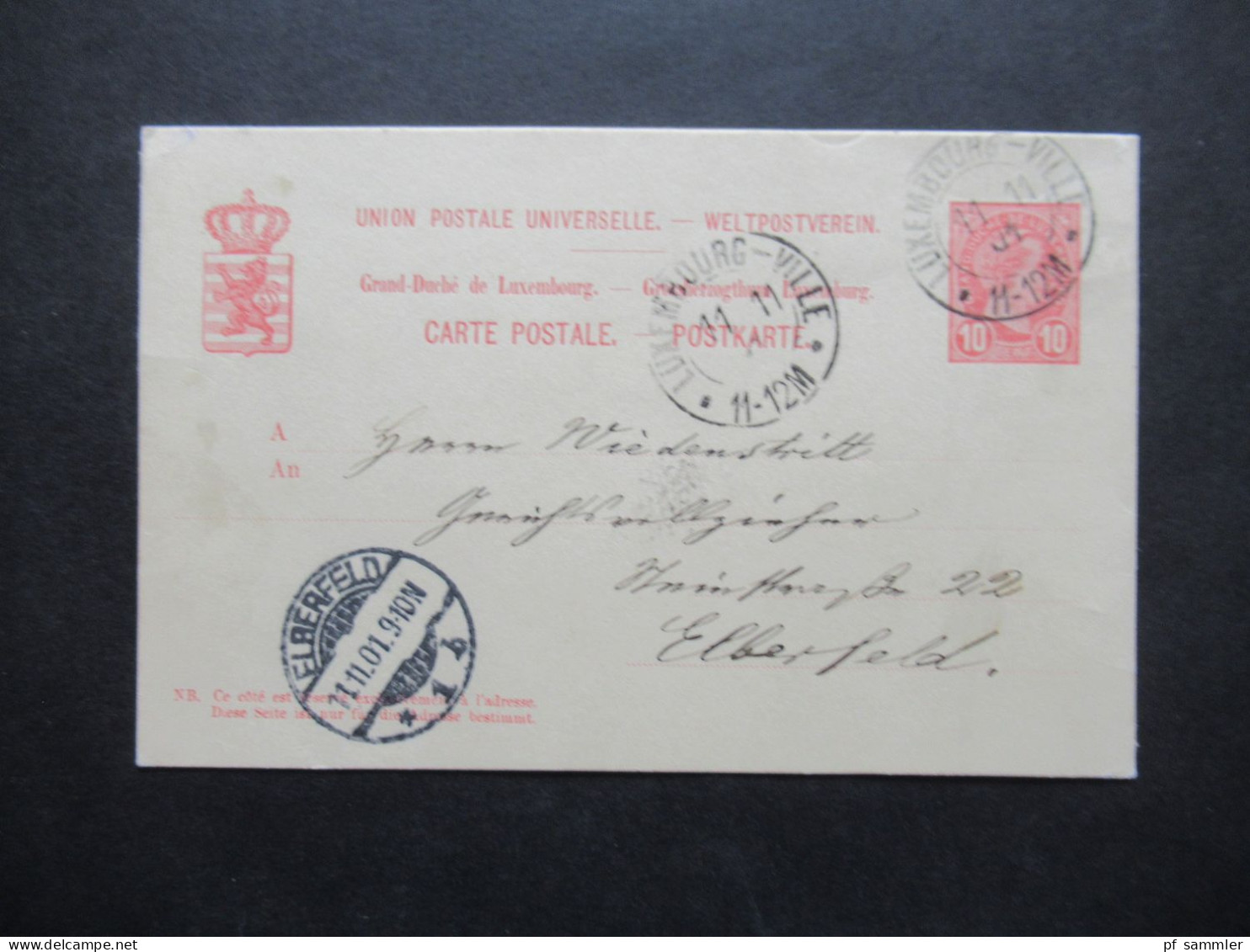 Luxemburg 1901 Ganzsache 10 Cent Stempel Luxembourg Ville Und Ank. Stempel Elberfeld - Ganzsachen