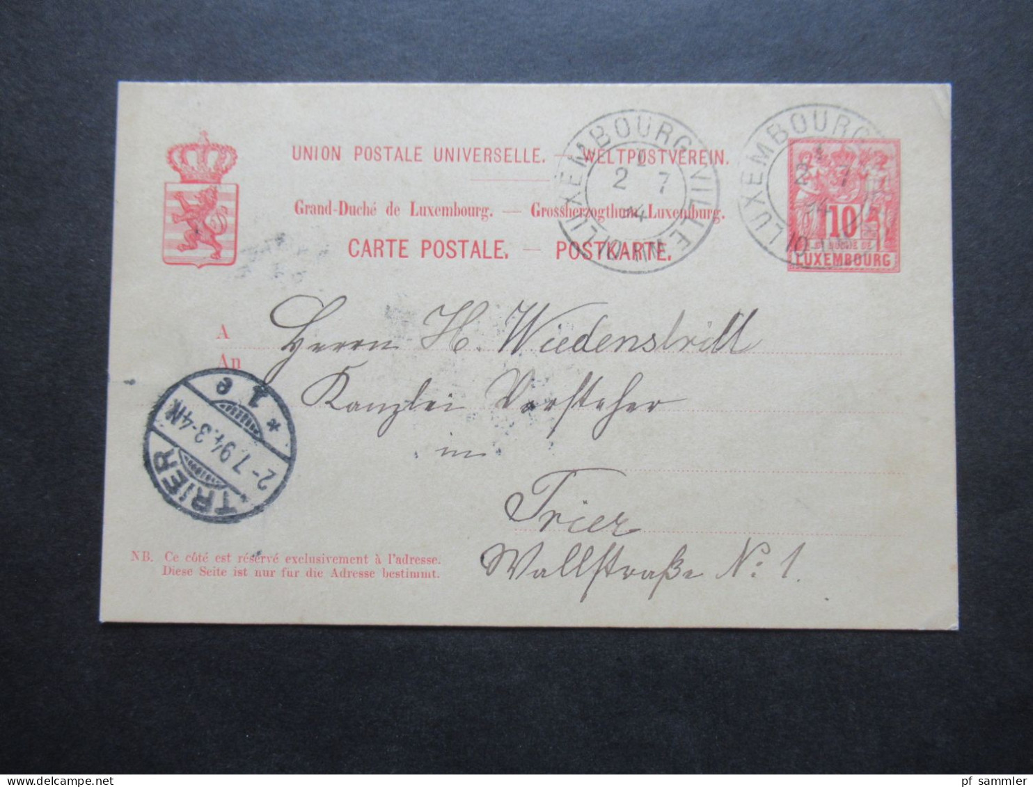 Luxemburg 1894 Ganzsache 10 Cent Stempel Luxembourg Ville Und Ank. Stempel Trier - Ganzsachen