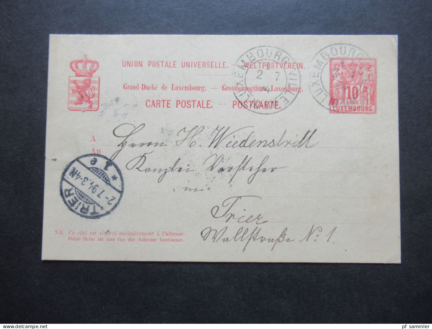 Luxemburg 1894 Ganzsache 10 Cent Stempel Luxembourg Ville Und Ank. Stempel Trier - Interi Postali
