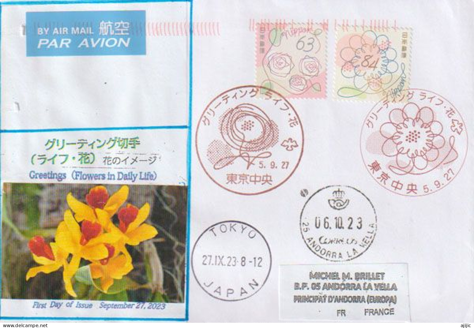 2023.Greetings (Flowers In Daily Life), Letter Tokyo To Andorra (Principality) With Arrival Postmarks Front & Back Cover - Lettres & Documents