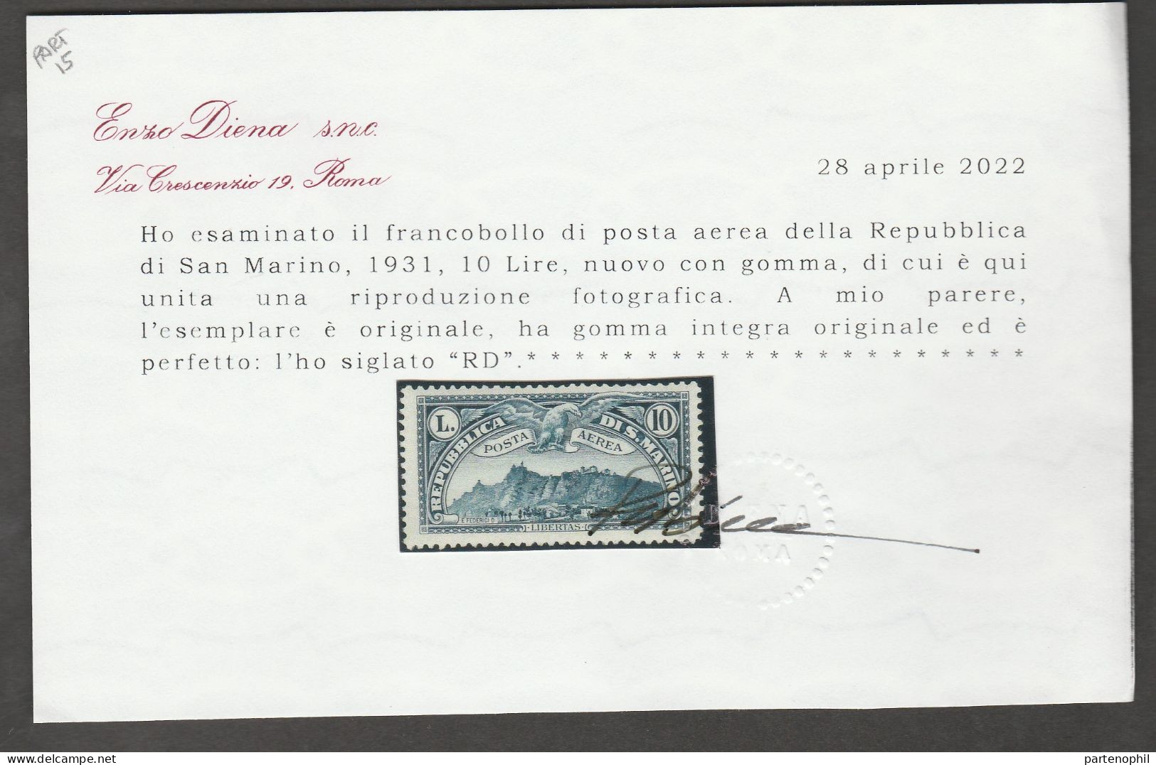 Lotto 375 San Marino 1931 - Veduta Di San Marino N. 1/10. Cert. R. Diena. Cat. € 2000,00. MNH - Airmail