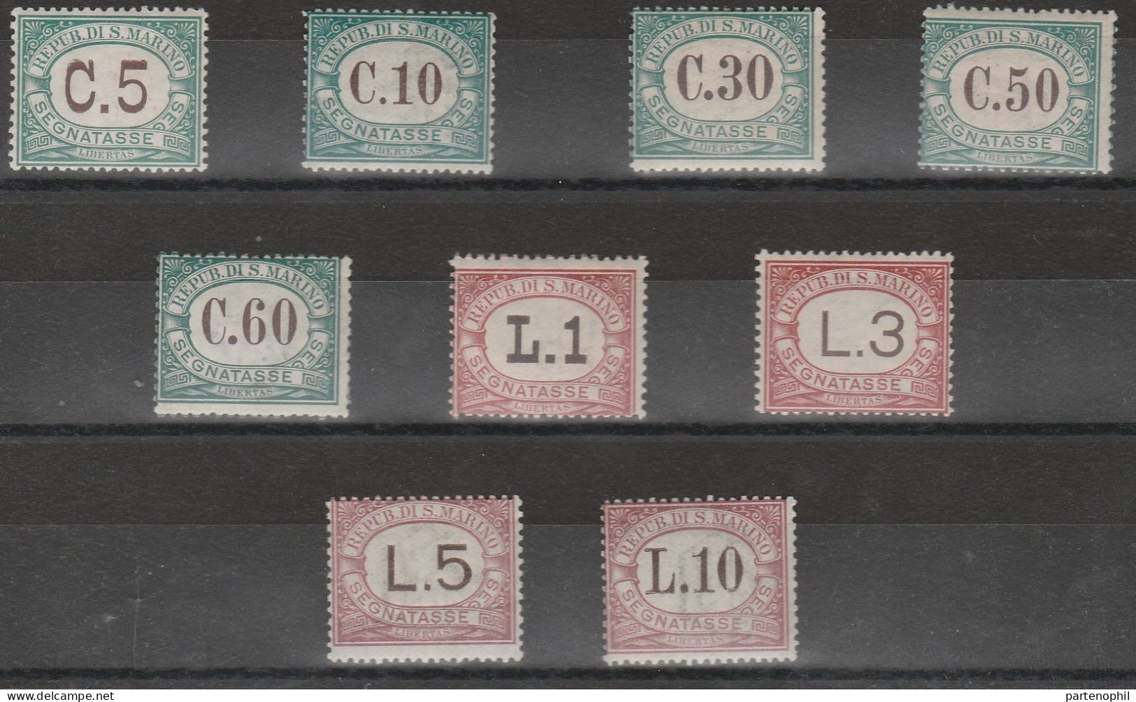 Lotto 386 San Marino Segnatasse  1897-1919 - Cifra E Ovale N. 1/9. Cat. € 1000,00. Cert. Todisco. SPL MNH - Strafport