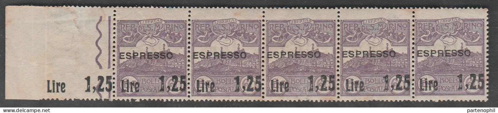 391 San Marino - Varietà Espressi 1926 - Striscia Di 5 L. 1,25 Su 60, Con Sopras. MNH - Abarten Und Kuriositäten