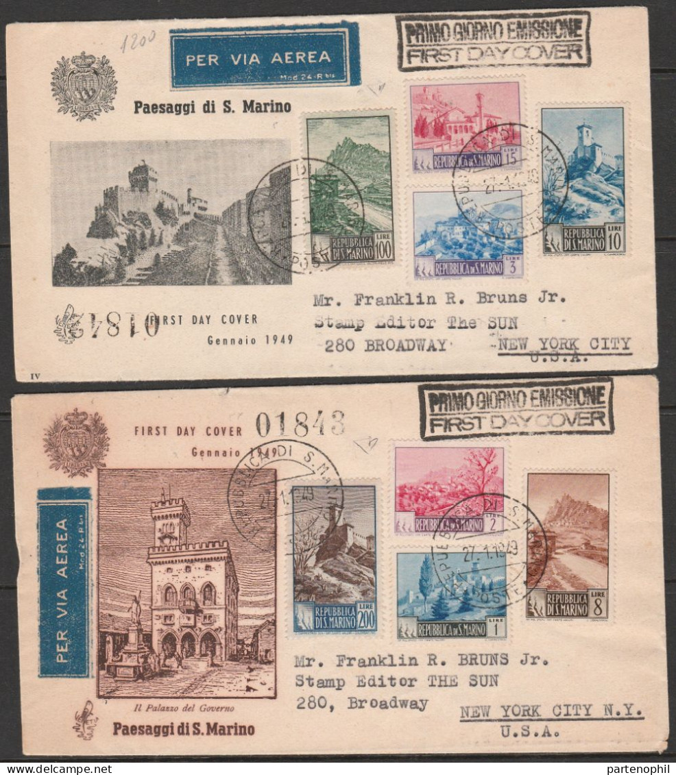 393 San Marino - 27/1/1949  Paesaggi N. 342/355 Le 4 Buste FDC Venezia, Raccomandate Dalla R.S.M Per Gli USA. Al Verso - Storia Postale