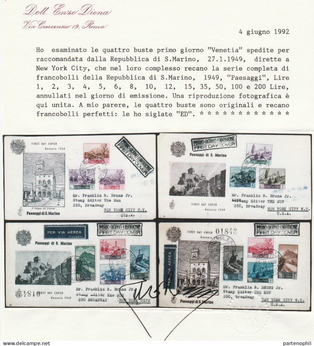 393 San Marino - 27/1/1949  Paesaggi N. 342/355 Le 4 Buste FDC Venezia, Raccomandate Dalla R.S.M Per Gli USA. Al Verso - Covers & Documents