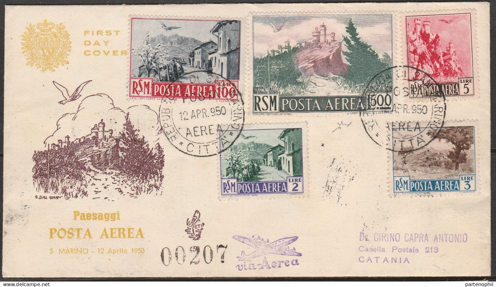 397 San Marino - 12/4/1950 - Paesaggi N. A83/A91 Le 2 Busta Su FDC Venezia, Raccomandate Dalla R.S.M Per Catania. Al Vea - Briefe U. Dokumente