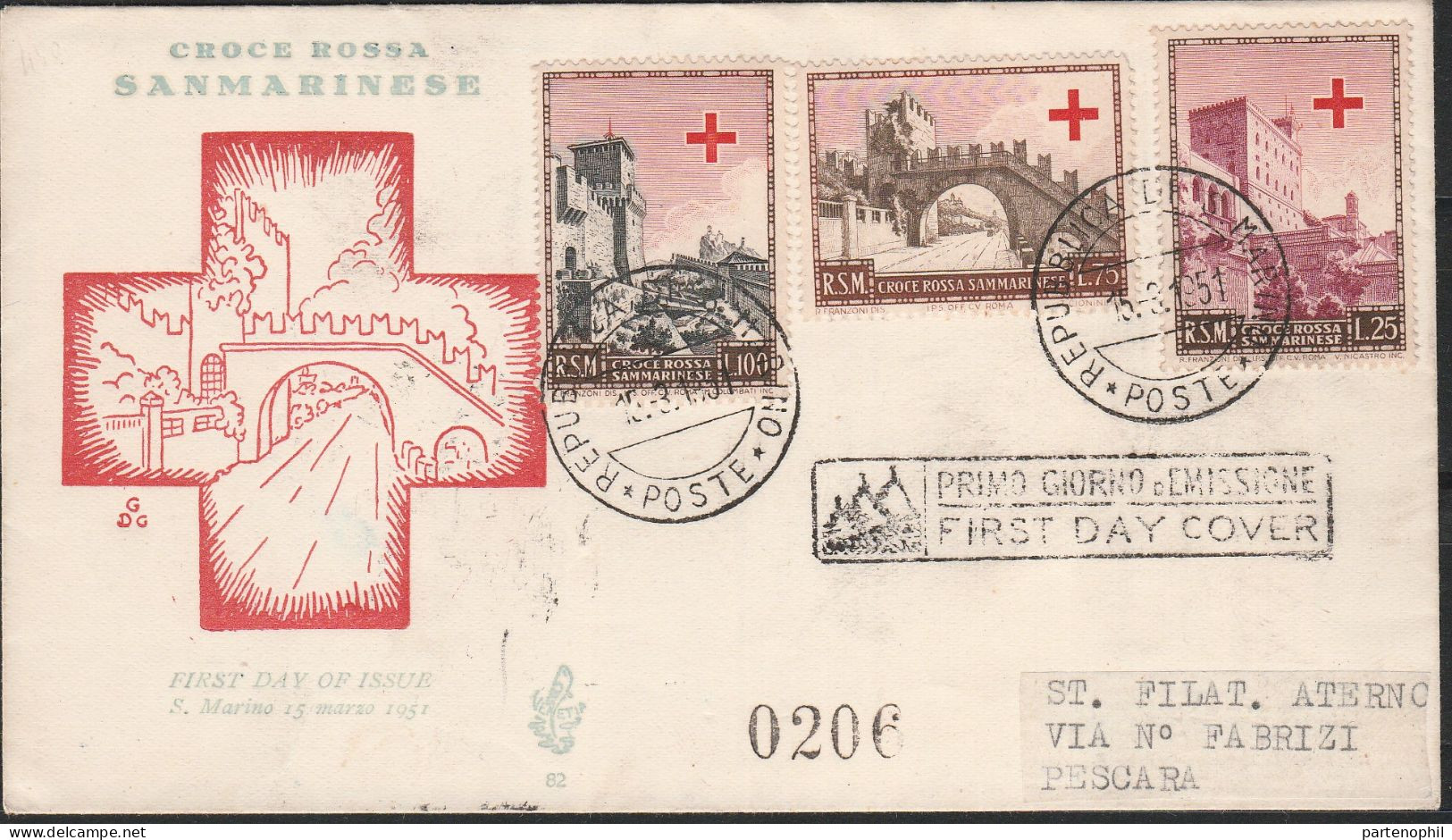 399 San Marino - 15/3/1951 - Croce Rossa N. 369/71 La Busta Su FDC Venezia, Raccomandata Dalla R.S.M Per Pescara. Al Ver - Storia Postale