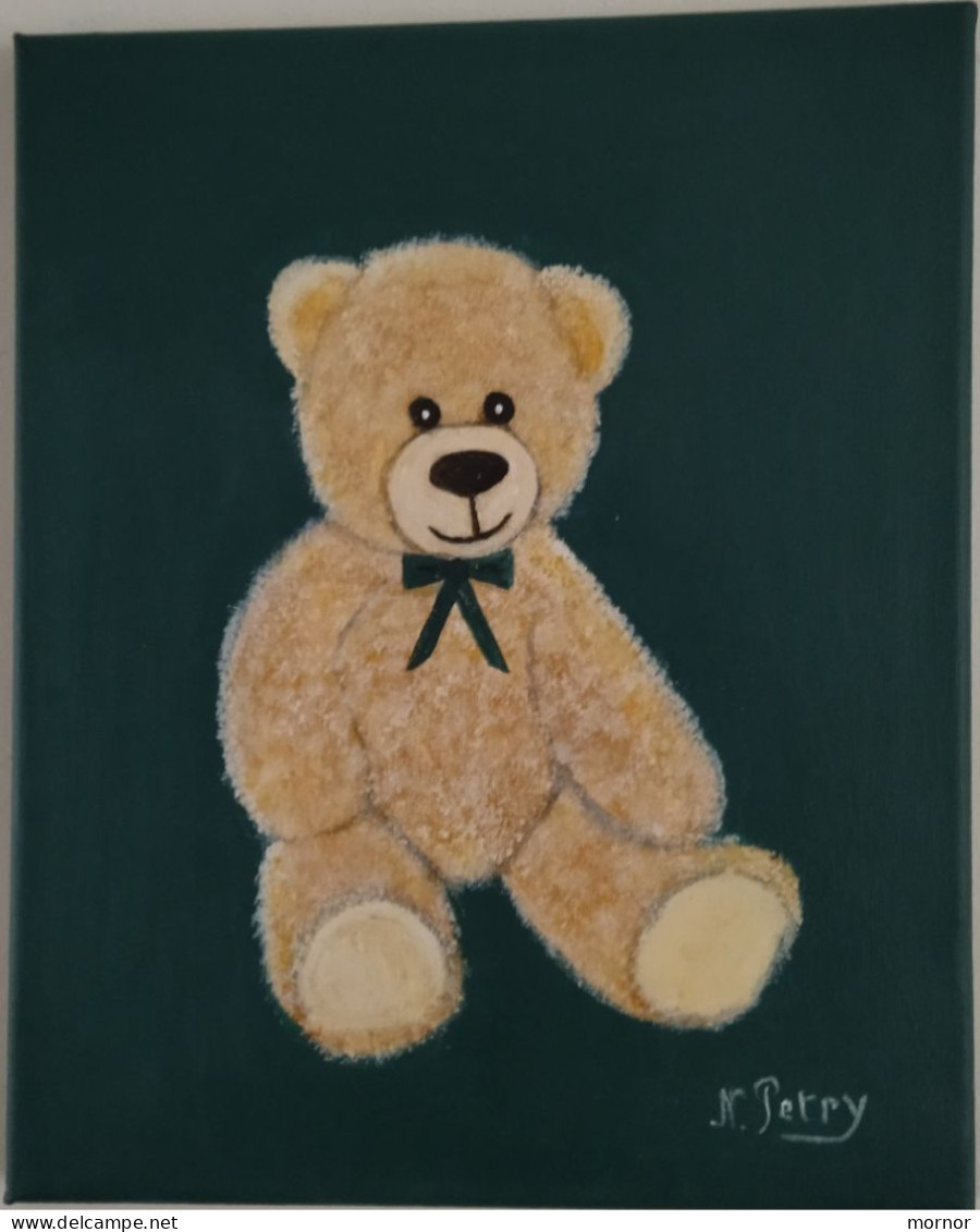 TABLEAU NOUNOURS OURS OURSON Peluche Peinture Acrylique Sur Toile Signé N.Petry - Acrilicos