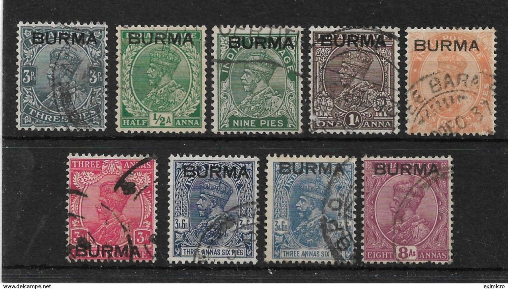 BURMA 1937 KING GEORGE V VALUES TO 8a  BETWEEN SG 1 AND SG 11 INCLUDING INVERTED WATERMARKS FINE USED Cat £5.20 - Burma (...-1947)