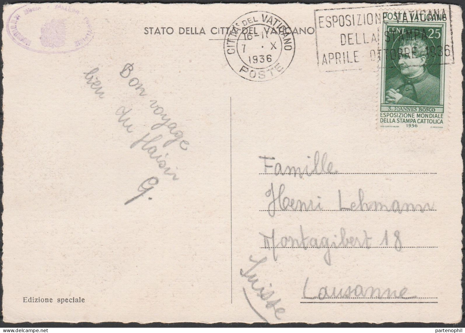 Lotto 429 27/10/1936 - Cartolina Affrancata Con Esposizione Mondiale Stampa Cattolica 25 C. SPL - Brieven En Documenten