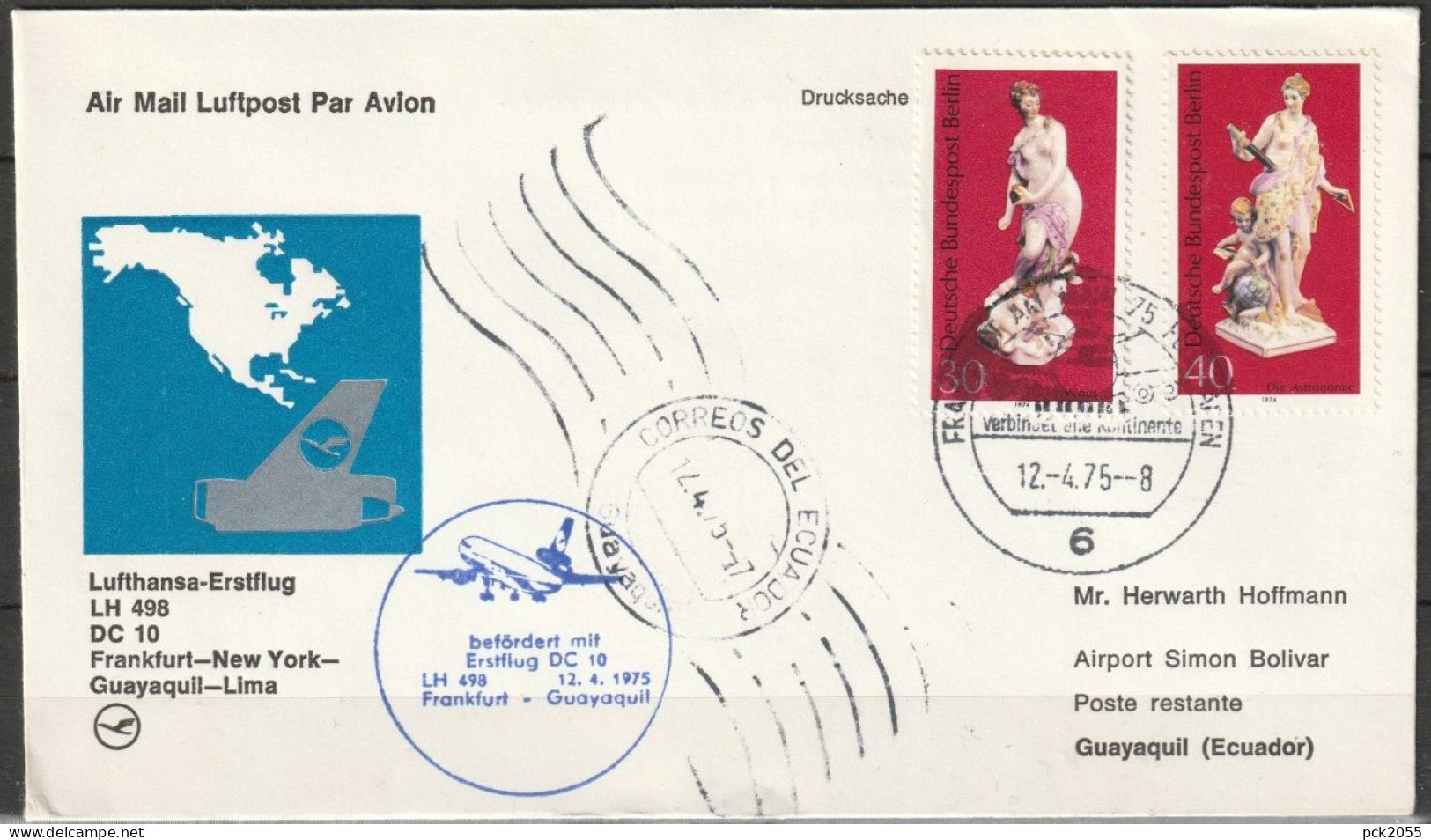 Flugpost/ Erstflug 1975 LH498 Mit DC10 Frankfurt - Guayaquil 12.4.1975 Ankunftstempel 12.4.75 ( FP 215) - First Flight Covers