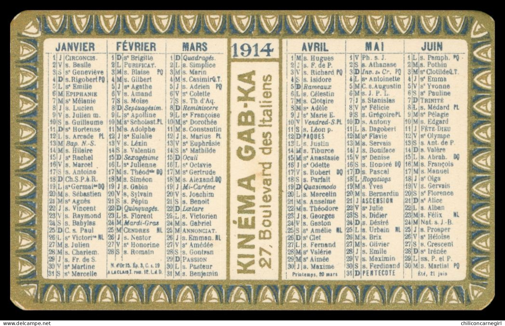 * CALENDRIER PUBLICITAIRE KINEMA THEATRE GAB KA - 27, Boulevard Des Italiens - 1914 - 8,6 X 5,5 Cm Environ - Klein Formaat: 1901-20