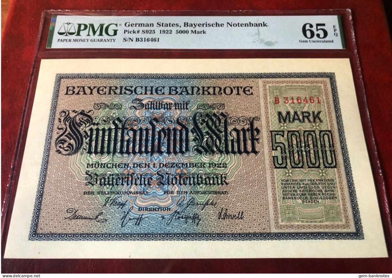 German States-Bayerische Notenbank 5000 Mark 1922 P-S925 Graded 65 EPQ Gem Uncirculated By PMG - 5000 Mark