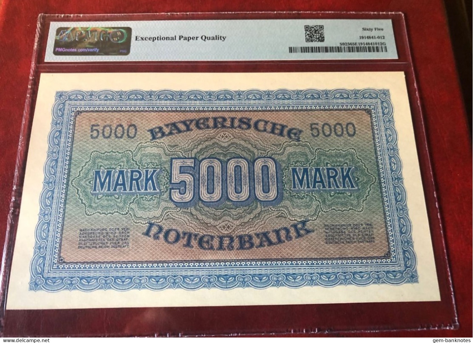 German States-Bayerische Notenbank 5000 Mark 1922 P-S925 Graded 65 EPQ Gem Uncirculated By PMG - 5000 Mark
