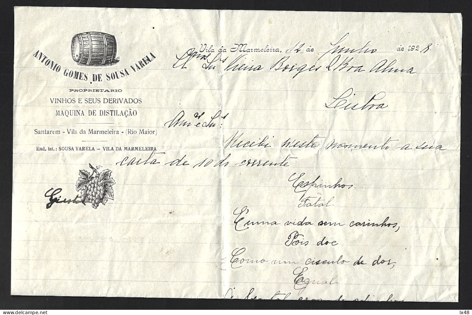 Pipa De Vinho. Cacho De Uvas. Carta De Comerciante De Vinhos Da Vila Da Marmeleira, Rio Maior De 1928. Wine Barrel. Bunc - Portugal