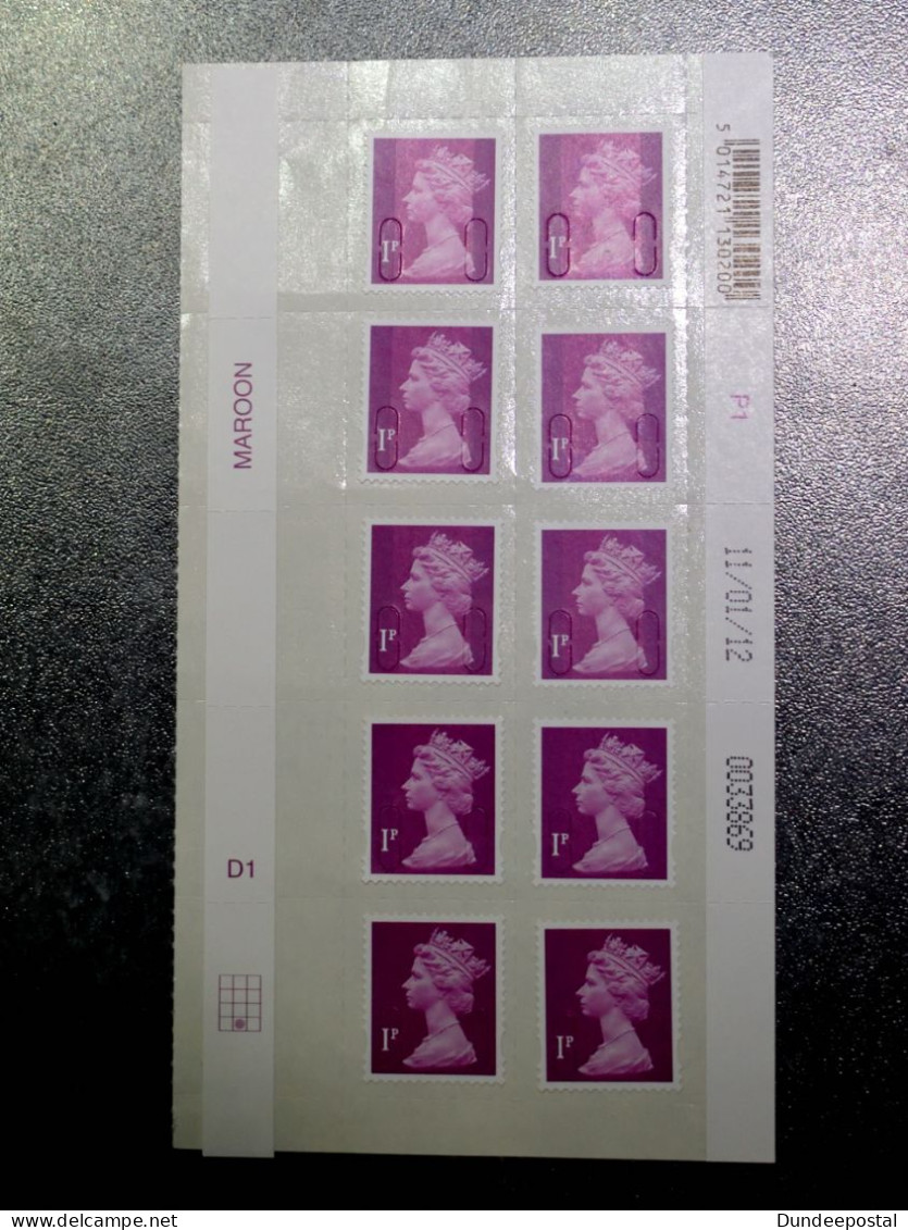 GB STAMPS  Cylinder Block  10x1p De La Rue   2012   MNH  ~~L@@K~~ - Unused Stamps