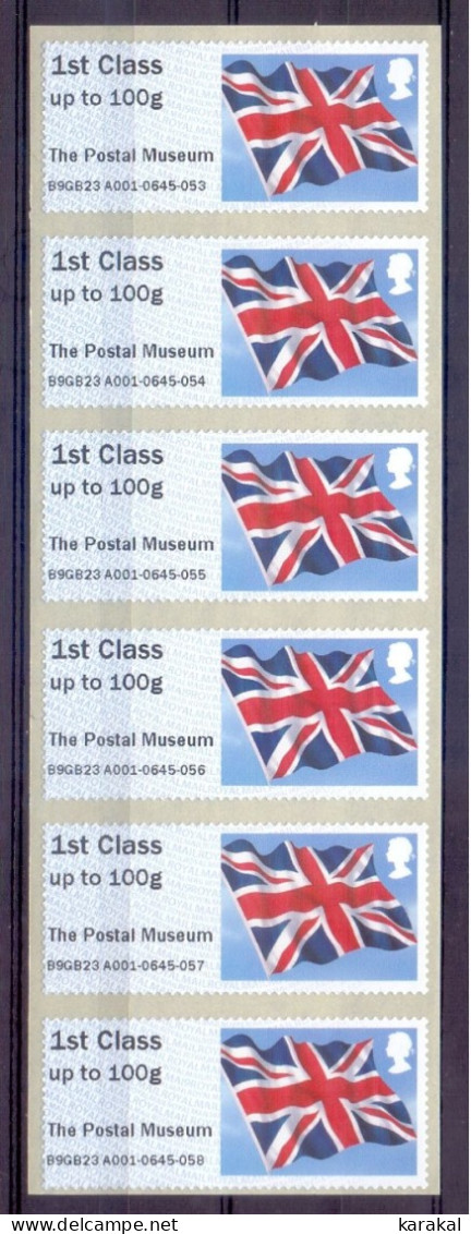 UK Post & Go ATM Strip Of 6 First Class The Postal Museum British Flag Drapeau MNH - Post & Go (automatenmarken)